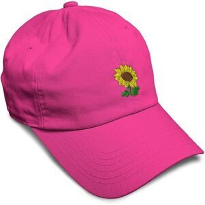 Unisex Hot Pink Design Only Cotton Sunflower Embroidery Adjustable Baseball Cap